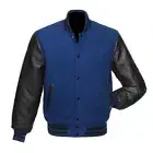 New Blue Wool & Black Leather Arms Varsity Letterman College Bomber Jacket