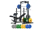 Squat Rack with Lat Pulldown + Adjustable Bench + 120kg Coloured Bumper Set
