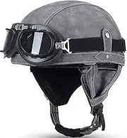 Leather Motorbike Half Helmet Vintage Half Shell Helmet with Goggle Open Motorcycle Helmet for Adult Men Women Cruiser Motorcycle Scooter Helmet DOT/ECE Approved