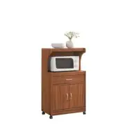 Hodedah Microwave Cart Cherry Wood Storage Drawer Shelves Cabinet Compact Wheels