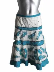 $242 BCBG MAXAZRIA Cotton Peasant Boho Maxi Skirt Sz 4 - Sequined Turquoise