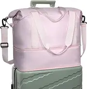 [DMLuna] Travel Duffel Bag, Tote Sports Gym Bag, Shoulder Overnight Weekender Bag for Women & Men, Hospital Bag, Expandable Duffel Bag with Trolley Sleeve/Wet Pocket, Pink
