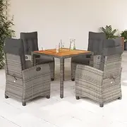 5 Piece Grey Patio Furniture Set with Cushions, Outdoor Garden Dining Set - PE Rattan Wicker Reclining Chairs & Square Acacia Wood Table, Small Balcony Bistro Conversation Set for Porch Sale