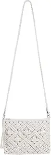 [Dwellia] Women's Boho Crocheted Purse Summer Beach Crossbody Bag, White, 10.2" L x 7.5" H, 3 Compartments, Hand-Crocheted Design, Tassel Charm