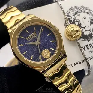 VERSUS VERSACE手錶, 女錶 34mm 金色圓形精鋼錶殼 寶藍色幾何立體圖形中三針顯示錶面款 VV00331