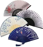 [DiviDermy] Pack of 4 Foldable Hand Fans, Foldable Fan for Cooling in Summer, Chinese Hand Fan Oriental Cloth Fabric Fan for Dance, Party, Wedding Gifts