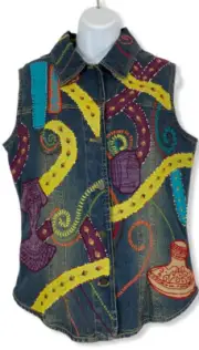 Chicos Denim Embroidered Beaded Sequin Colorful Abstract Vest-Size 1(Medium) NWT