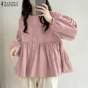 Zanzea 女式韓版系扣前泡泡袖娃娃領純色襯衫