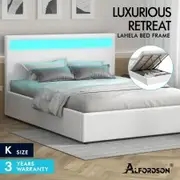 ALFORDSON Bed Frame King Size RGB LED Gas Lift Base Platform Storage White