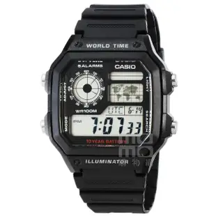 【CASIO】CASIO 日系卡西歐多時區鬧鈴電子膠帶錶-黑(AE-1200WH-1A)