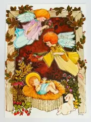 Vintage Greeting Card Christmas UNUSED Manger Nativity Angels Current Beck