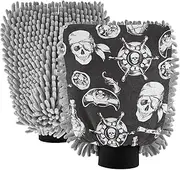 XYMZR Pirate Skull Black Absorbent Microfiber Car Wash Mitt, Funny Cute Anime Scratch Free for Cars Cleaning, Home Cleaning Mitts, 2 Pack, 10.24” L x 7.09” W