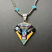 KACHINA Micro Inlay Sterling Silver Navajo Beads Turquoise Necklace 18” Galaxy