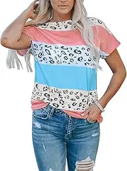 [Zylphorix] Women Leopard Contrast Striped Pullover Top Leopard Print Round Neck Short Sleeved T-Shirt Cotton Printing Crew Neck Raglan Blouse