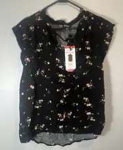 BUFFALO Women's Black Floral Shirt Sz Medium Blouse Tie Front Ditsy Bouquet NWT