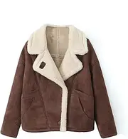 [Generic] Women Sherpa Lined Leather Jacket, Warm Casual Jacket Lapel Button Down Coat with Pockets Jacket Overcoat Winter Coats for Women