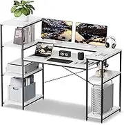 HYPIGO White Computer Desk with Printer Shelf, 63 Inch Industrial Office Desk with Storage Shelves, Writing Workstation with Bookshelf, Study Table for Home Office