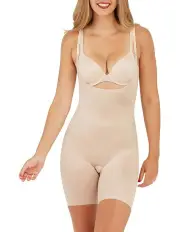 [Spanx] Thinstincts 2.0 Open-Bust Mid-Thigh Bodysuit in Champaigne Beige