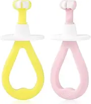 Socub Toddler Training Toothbrush, 2Pcs Three-Sided First Toothbrush for Infant 12Month+, Training Baby Tooth Brush with Safety Shield for Gentle Oral Care, Cleans All Sides at Once