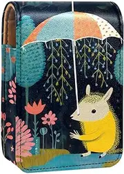 Lipstick Case,Leather Lip Gloss Lipstick Organizer with Mirror,Mini Lipstick Holder Bag,Umbrella Cartoon Forest Animal Raining