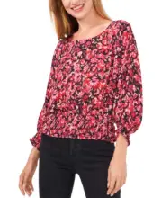 $79 Vince Camuto Floral-Print Smocked Peasant Top Polyester Fuchsia Rose size XL