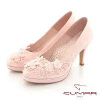 在飛比找momo購物網優惠-【CUMAR】優雅蕾絲花朵珍珠點綴防水台高跟鞋婚鞋(粉紅色)