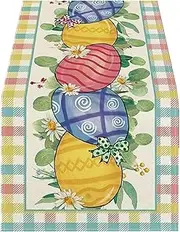 Cute Linen Easter Table Runner, Dining Table Runner, 72 x 13 inch Spring Holiday Decoration, Festive Bunny Floral Design Desk Cloth, Party Supplies for Home, Kitchen, Hall Room