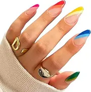 Rainbow Rush Press-On Nails Nailway x Jane Sweetpea– Salon-Quality Glossy Diagonal French Rainbow Medium Long Reusable Tips 24-Piece Set – Nail Glue & Tabs Included