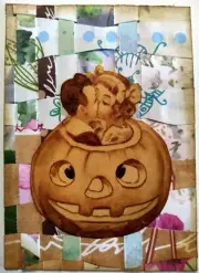Couple Kissing in Pumpkin Woven Paper Background Collage Art Card ACEO ATC