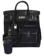 Herms Black, Blue Toile & Box Calf Box Cargo HAC Birkin 40 PHW (Authentic Pre-Loved)
