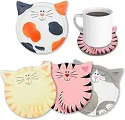 Funny Coasters for Drinks Absorbent, Cat Shaped Ceramic Coasters Set of 4, Unique Gift Ideas for Cat Lovers, Bar Dining Table Decor Housewarming Birthday Gift - 4.25''
