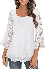 [Syphiby] Womens Ruffle Blouses 3/4 Sleeve Tunic Tops Loose Flowy Square Neck Chiffon Double Layer Mesh Shirts M-3XL, White lace, Large