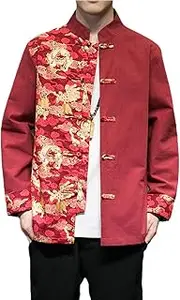 [QPZK] Fashion Kung Fu Jacket Tang Suit Men Hanfu Chinese Traditional Clothing Embroidery Martial Arts Clothes Tops