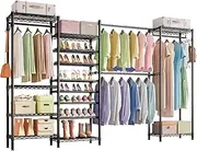 Isyunen Expandable Garment Rack with Adjustable Shoe Rack Wire Shelf,Heavy Duty Metal Large Wardrobe Closet Organizer Storage,Freestanding Clothes Rack with Hanging Rod,Black