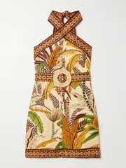 [Farm Rio] Farm Rio - Belted Printed Linen Halterneck Mini Dress - Beige - small small Neutrals