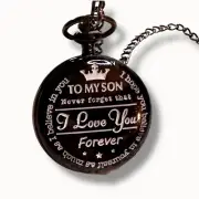 Engraved Black Pocket Watch w/ Chain "To My Son, I Love You Forever" Vintage Loo