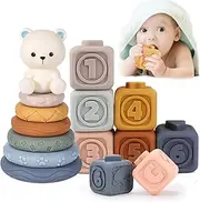 UNITSLYZ Baby Toys Stacking Blocks, Educational Sensory Toys, 13 PCS Baby Soft Building Blocks Toys, Montessori Toys for Babies, Gifts for 6 12 18 Months Old Toddler Girls Boys (Bear)