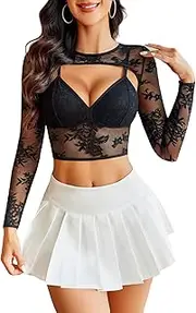 [Avidlove] Lace Top for Women Long Sleeve Mesh Top 2 Piece Cami Top with Shrug Crew Neck Tops Sheer Blouse See Through Crop Top
