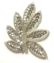 Lot of 2 Silver Leaf Leaves Beaded Sequined Sew-On Applique Craft Patch Vintage