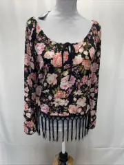 Romeo & Juliet Couture Womens Small Pink Black Floral Fringe LS Blouse Crop Top