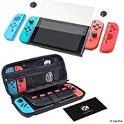 [CamKix] Grip and Protection Kit Compatible with Nintendo Switch: Nylon Case with 20 Game Card Inserts, Tempered Glass Screen Protector, Joy Con Covers, Thumb Grip Cover, Cleaning Cloth