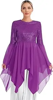 [Jugaoge] Women‘s Sparkly Sequins Liturgical PraiseWorship Dance Tunic Chiffon Irregular Hem Overlays Top