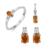Jalisco Fire Opal and White Topaz Earrings, Ring, Pendant - Platinum 925
