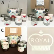 ROYAL Quality Cermaic 30 oz Teapot + 4 Teacups Floral Wht Green Pewter Metallic