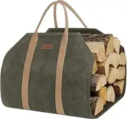Sturdy Waxed Canvas Firewood Log Carrier, Durable Firepalce Wood Bag with Reinforce Duty Straps Green