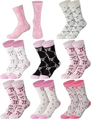 [Glitopper] 8 Pairs Womens Bow Socks Cute Knit Crew Socks Bulk Pink Ornament Supplies for Pink Bow Party Birthday Coquette Party, Pink, White, Black, One Size