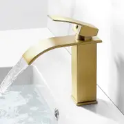 Augro Brushed Gold Waterfall Bathroom Faucet, Brass Bathroom Sink Mixer Tap, Sink Faucet without Pull-Out or Waste, Brass Mixer Tap with 107mm Spou...