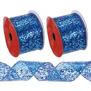 2 Pcs 10 Yard 2.5 Inch Glitter Mesh Wired Ribbon Webbed Sequin Dark Blue