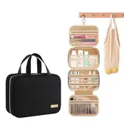 Travel Toiletry Bag with Waterproof Compartments and Hanging Hook-Black