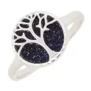 Blue Goldstone Sterling Silver Tree Of Life Ring KM051